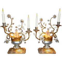 Pair of French Crystal and Glass Two Lights Girandoles, circa 1950