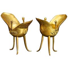 17th Century Extraordinary Pair of Small Archaistic Gilt-Bronze Vessels, Jue