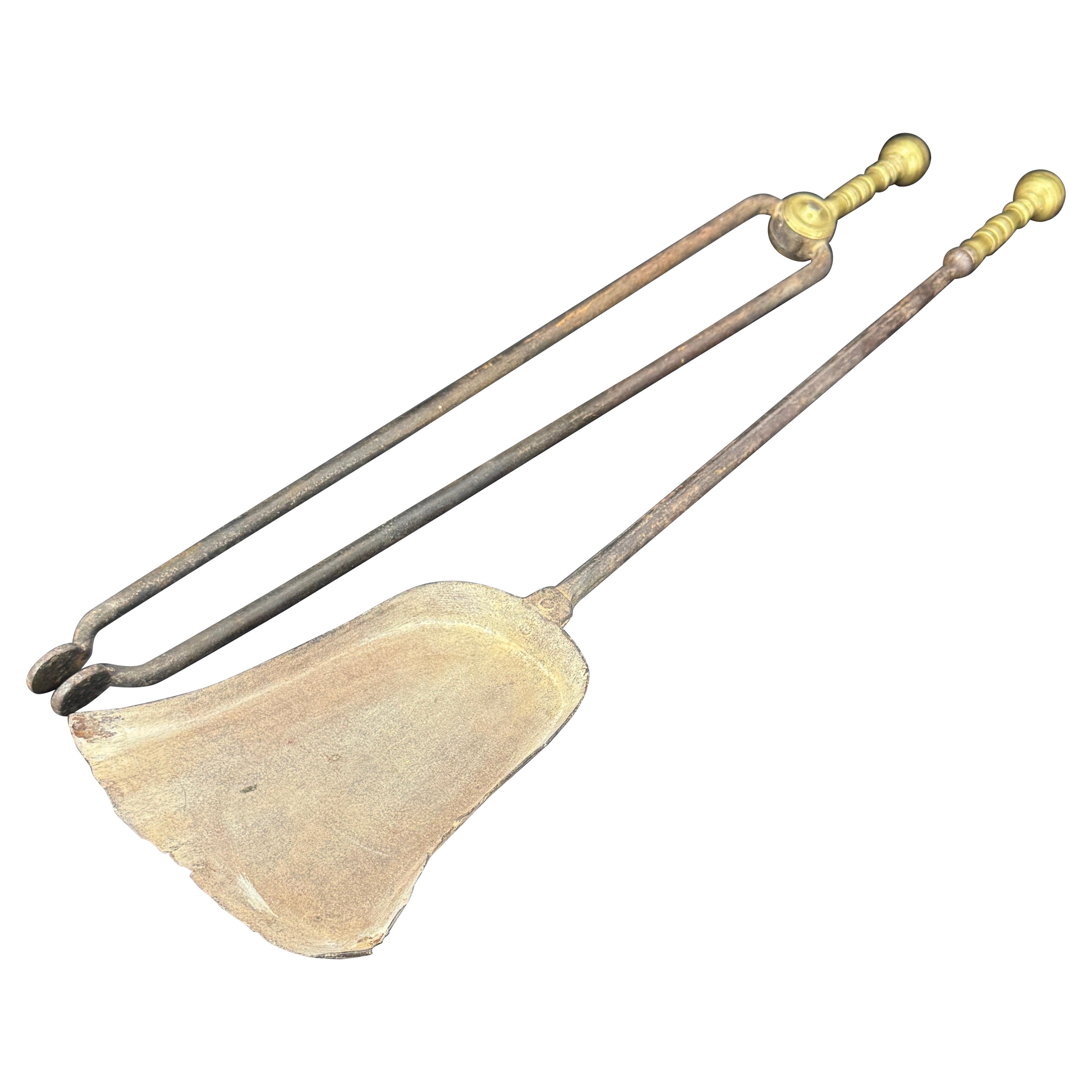 Early 19th Century Two Piece Set of Brass Fireplace Tools