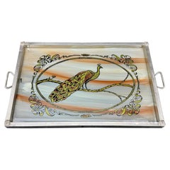 Mid-Century Painted Glass Inlaid Peacock Tray with Handles