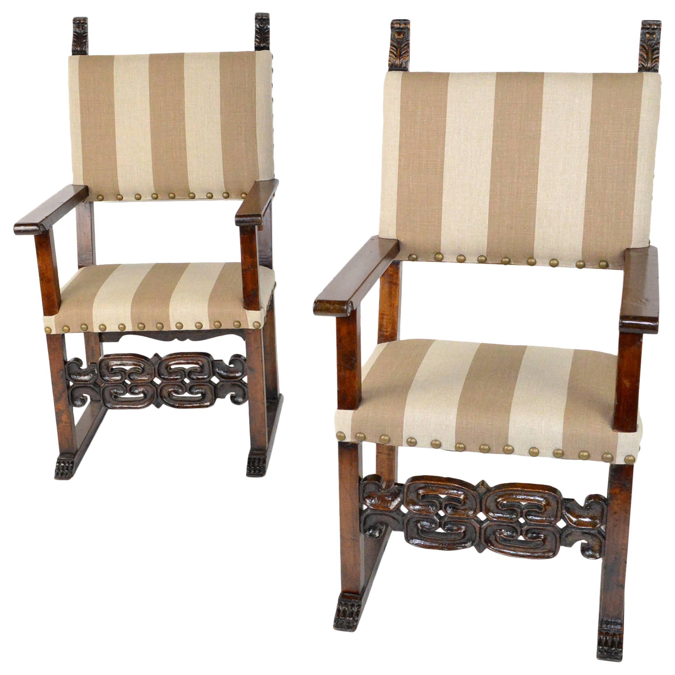 Pair of Italian Walnut Throne Chairs For Sale