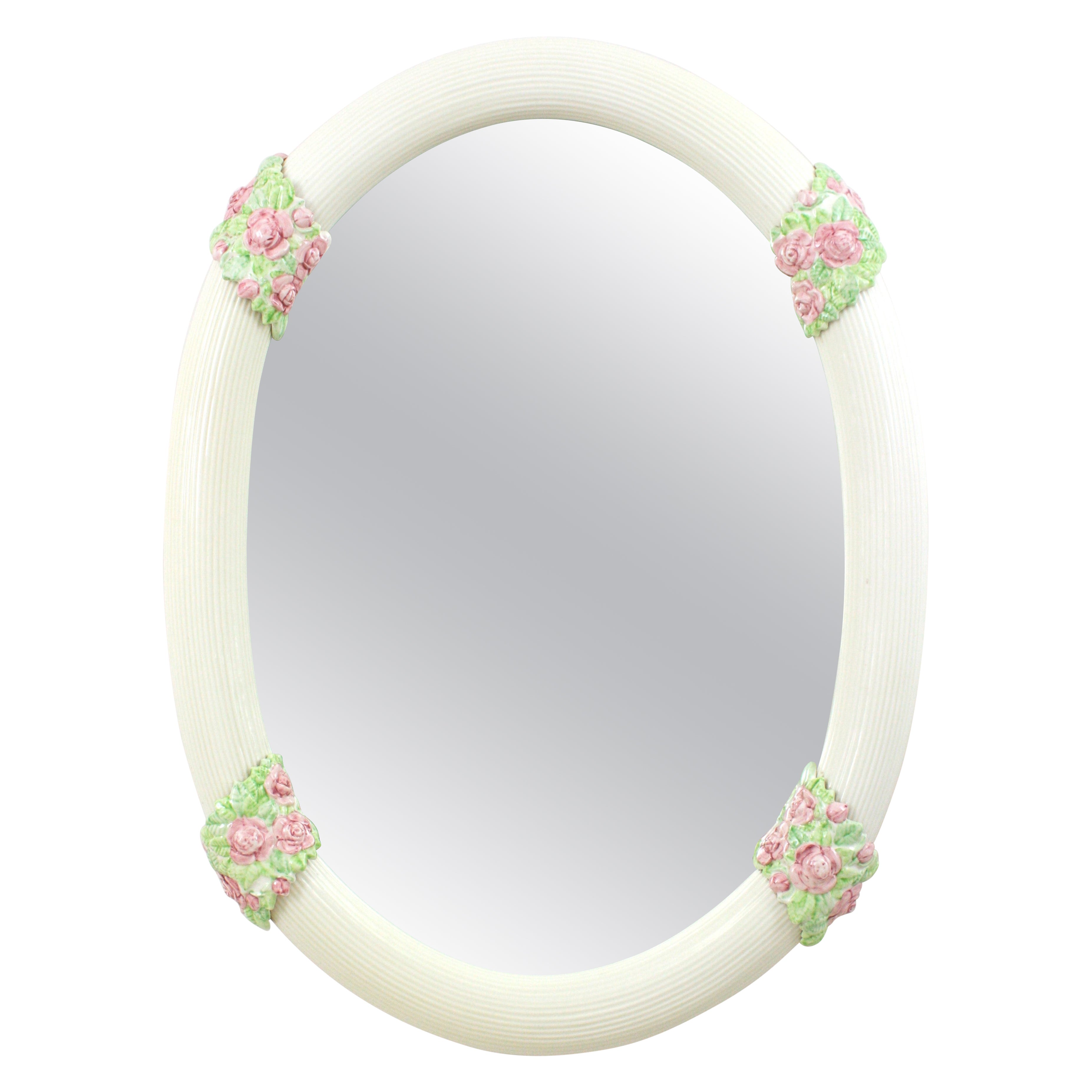 Oval Mirror in White Glazed Ceramic with Pink Flowers, Spain 1950s