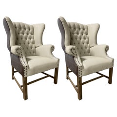 Pair of Wingback Chairs Upholstered in Leather and Linen, 21st Century