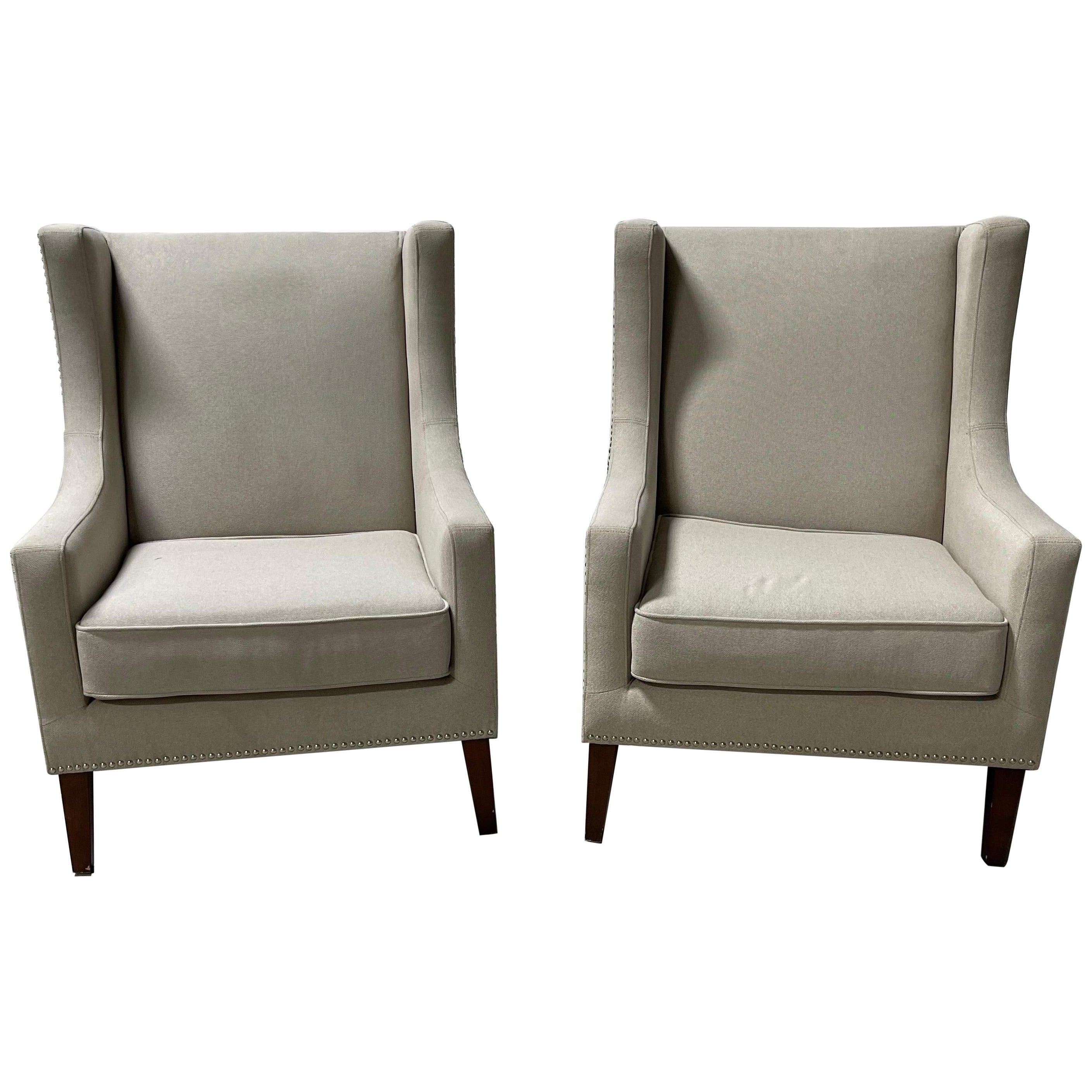 Pair of Chippendale Club Chairs in Neutral Linen & Down Cushions, 21st Century