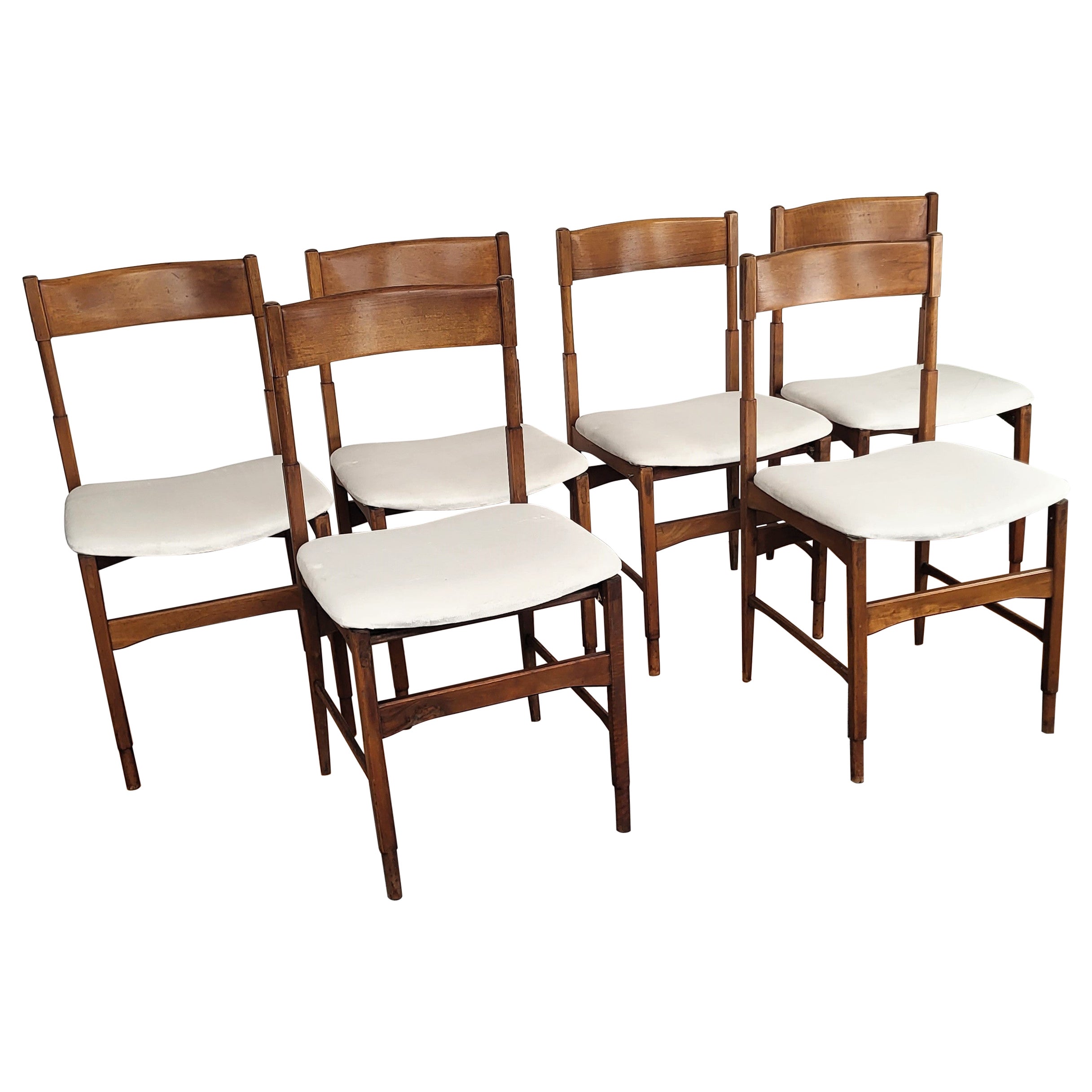 Set of 6 Mid-Century Modern Italian Walnut Wood Newly Upholstered Dining Chairs
