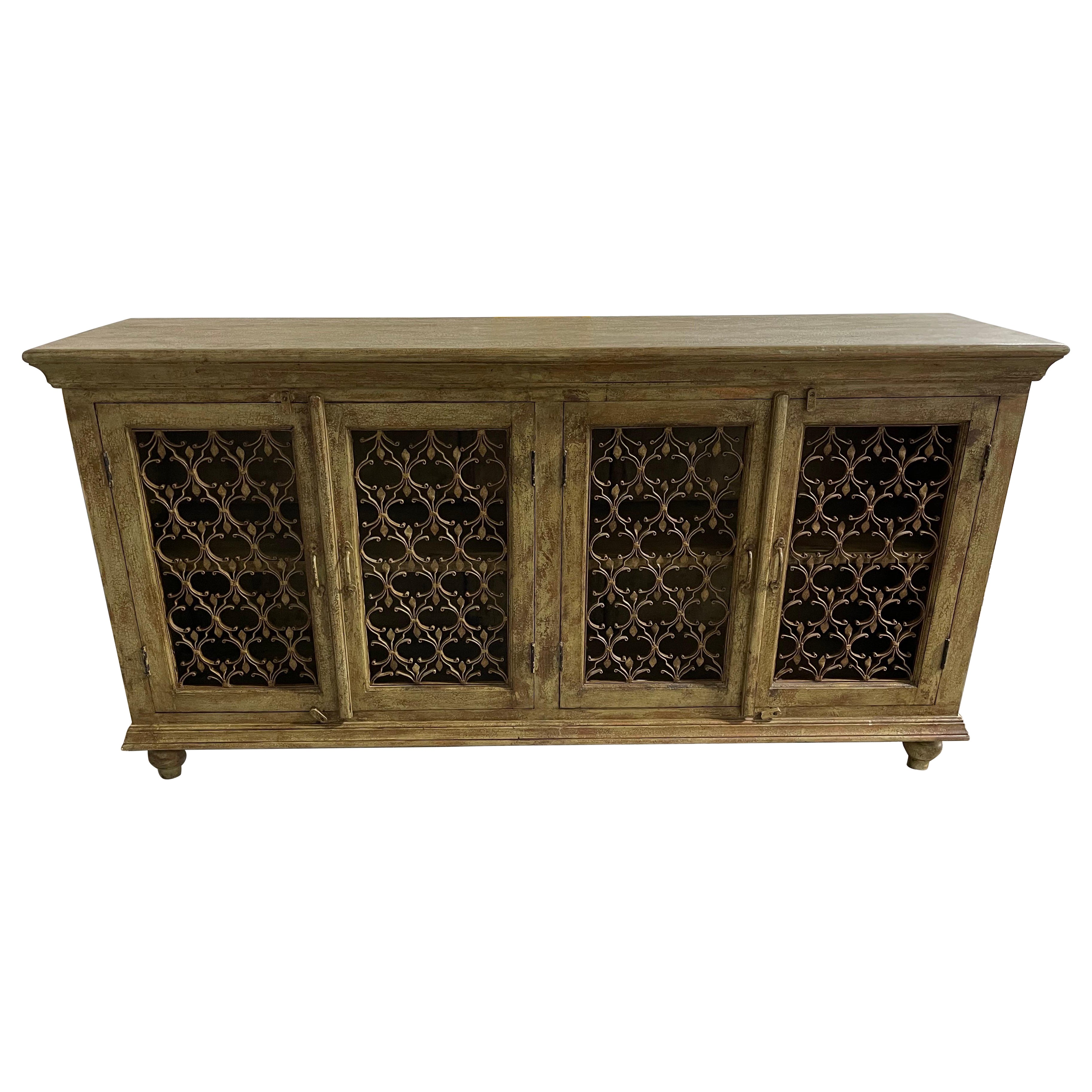 Green Brown Washed Four-Door Console with Metal Decorative Doors, 21st Century For Sale