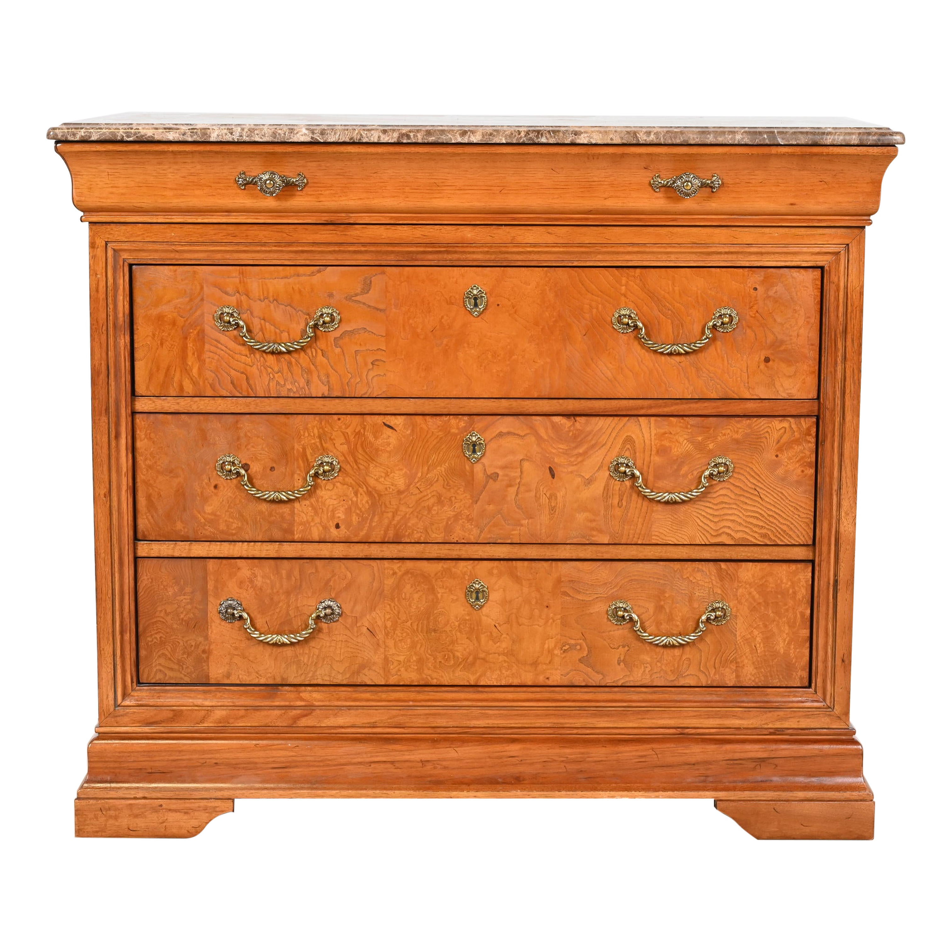 Thomasville French Louis Philippe Burl Wood Marble Top Four-Drawer Dresser Chest