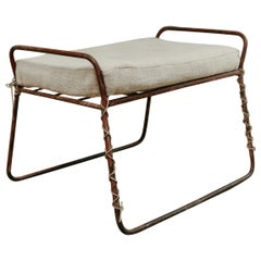 1950's French iron stool, upholstered cushion Belgian linen ...