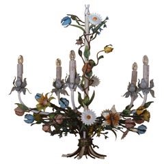 Early 20th Century French Metal and Painted Floral Five-Light Chandelier