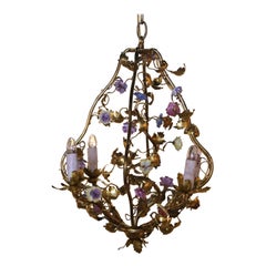 Early 20th Century French Brass and Porcelain Flowers Four-Light Chandelier