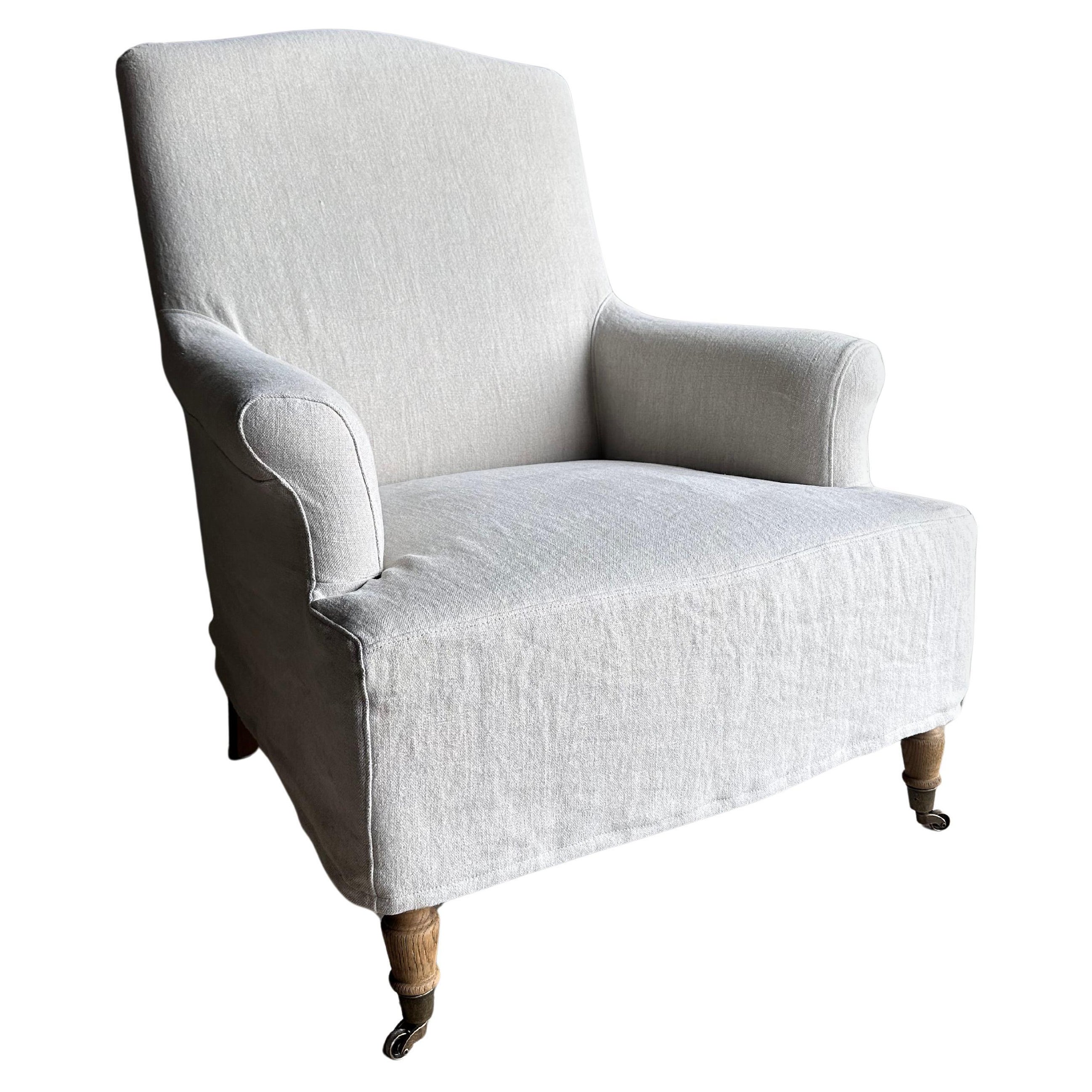 Alma Linen Slip Covered Club Chair with White Oak Legs and Caster Wheels