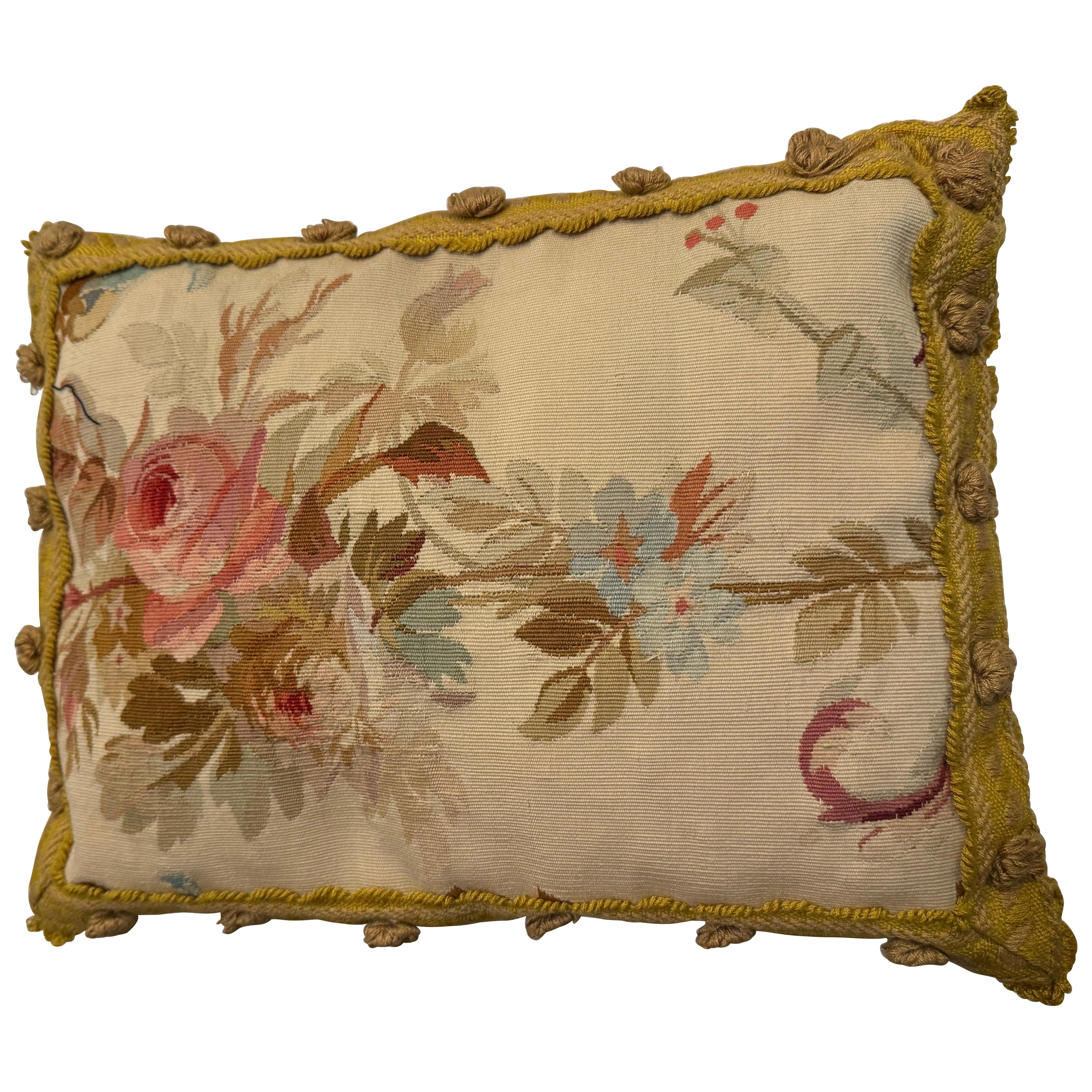 Antique 19th Century French Aubusson Floral Tapestry Lumbar Pillow