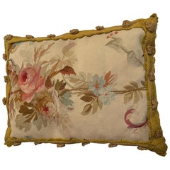 Antique 19th Century French Aubusson Floral Tapestry Lumbar Pillow