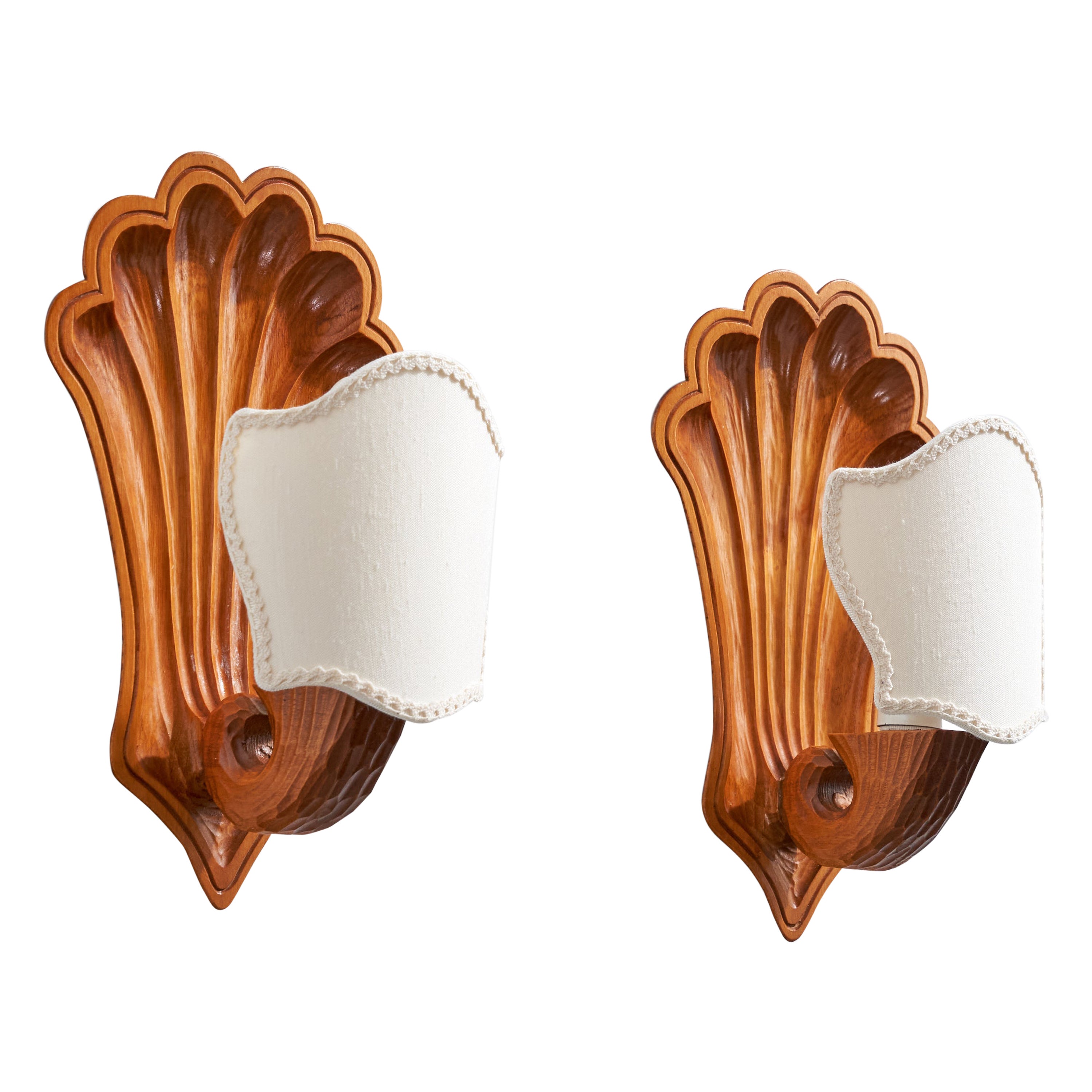 Swedish Designer, Wall Lights, Wood, Fabric, Sweden, 1940s