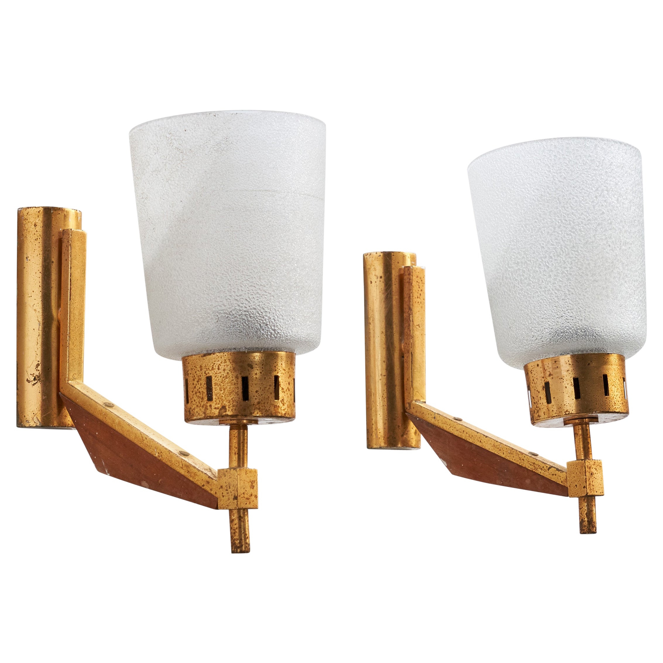 Italian Designer, Wall Lights, Brass, Teak, Glass, Italy, 1950s