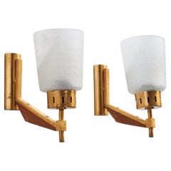 Italian Designer, Wall Lights, Brass, Teak, Glass, Italy, 1950s