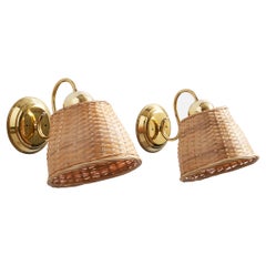 Schwedische Designerin, Wandleuchten, Messing, Rattan, Schweden, 1970er Jahre