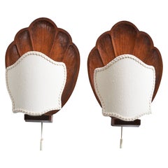 Swedish Designer, Wall Lights, Wood, Fabric, Sweden, 1950s