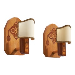 Bertil Andersson, Wall Lights, Wood, Fabric, Sweden, 1982