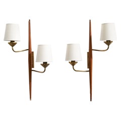 French Designer, Wall Lights, Brass, Wood, Fabric, Sweden, 1950s