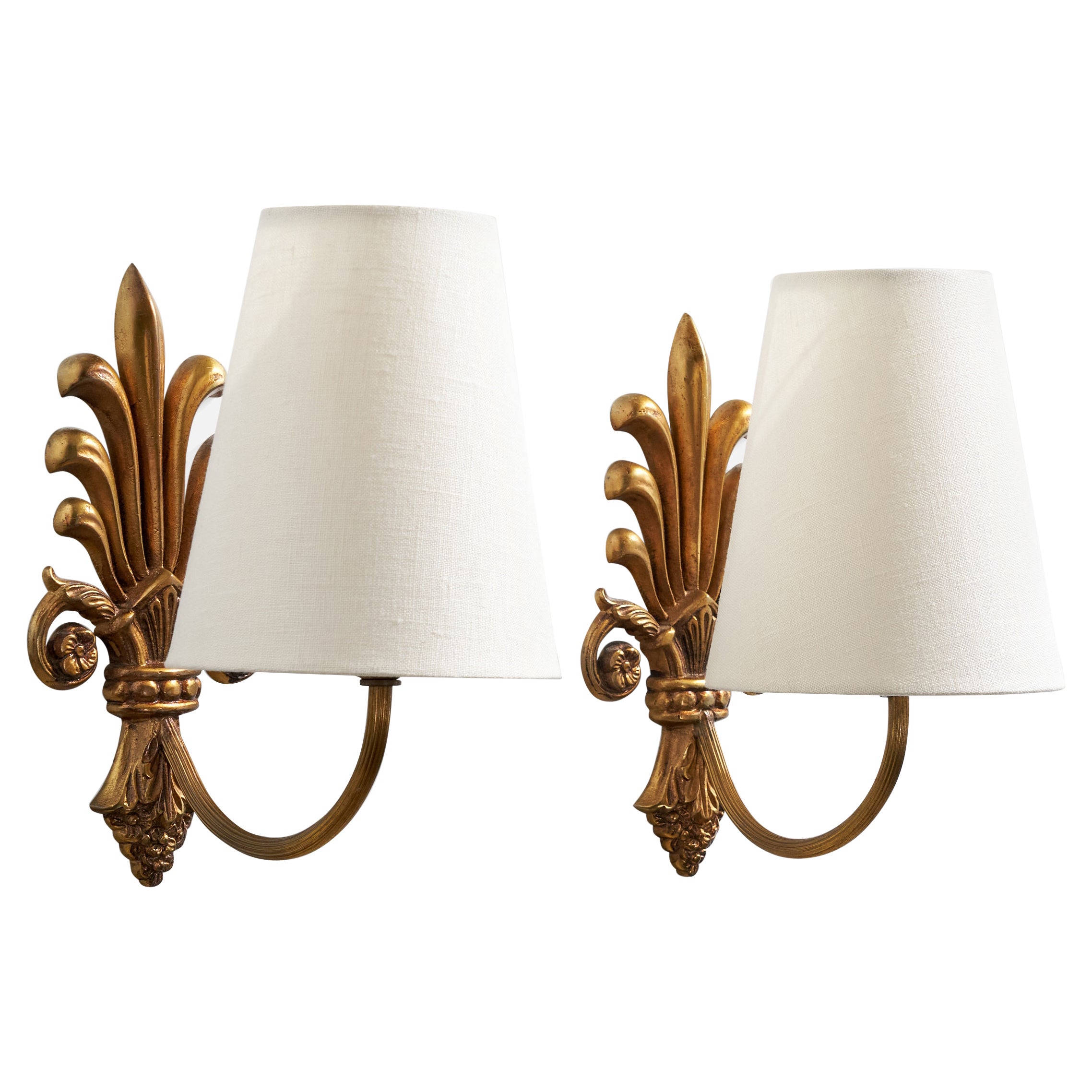 French Designer, Wall Lights, Brass, Fabric, France, 1950s