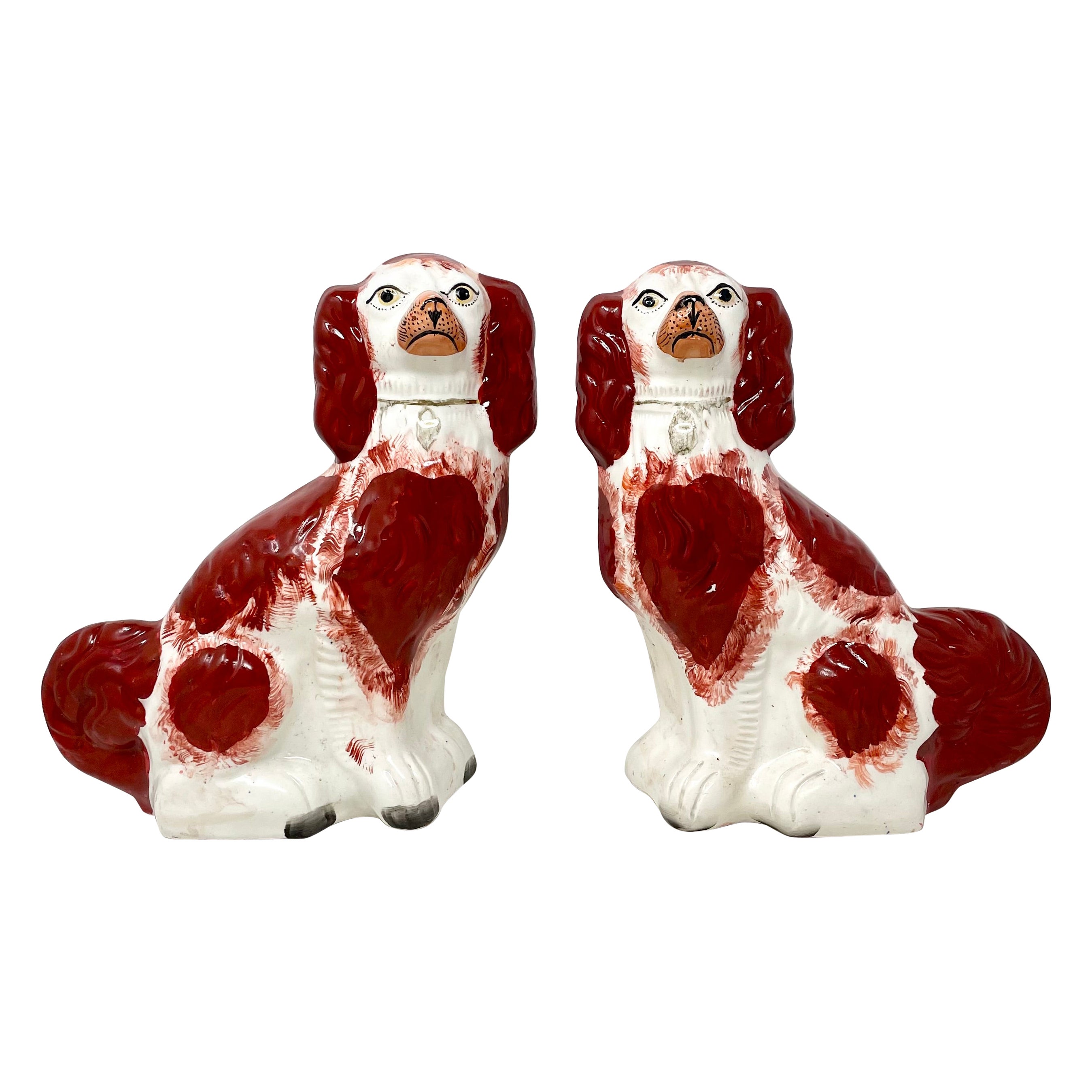 Large Pair Antique English Staffordshire Pottery Dogs of King Charles Spaniels