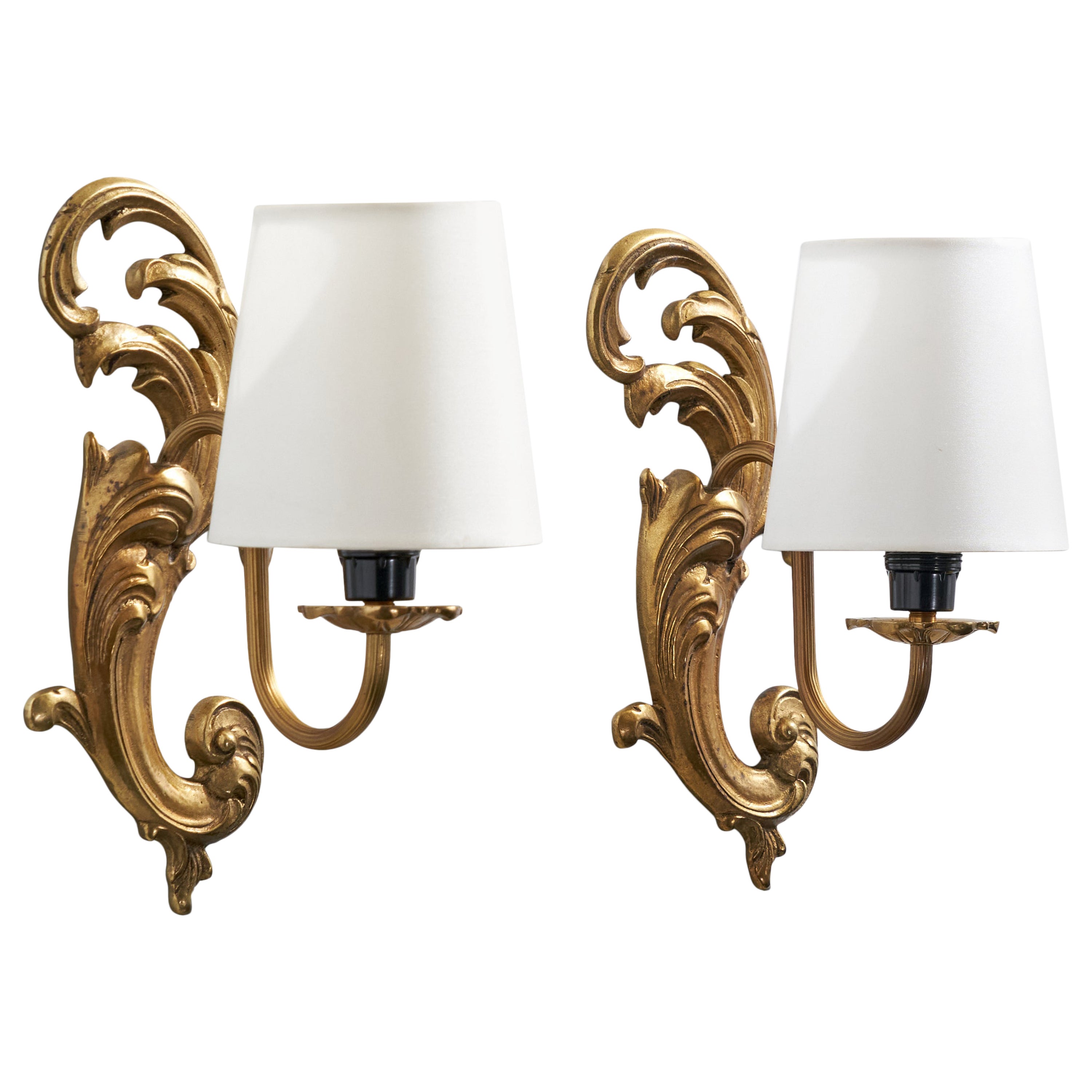 French Designer, Wall Lights, Brass, Fabric, France, 1950s