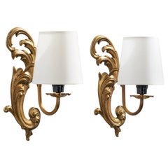 French Designer, Wall Lights, Brass, Fabric, France, 1950s
