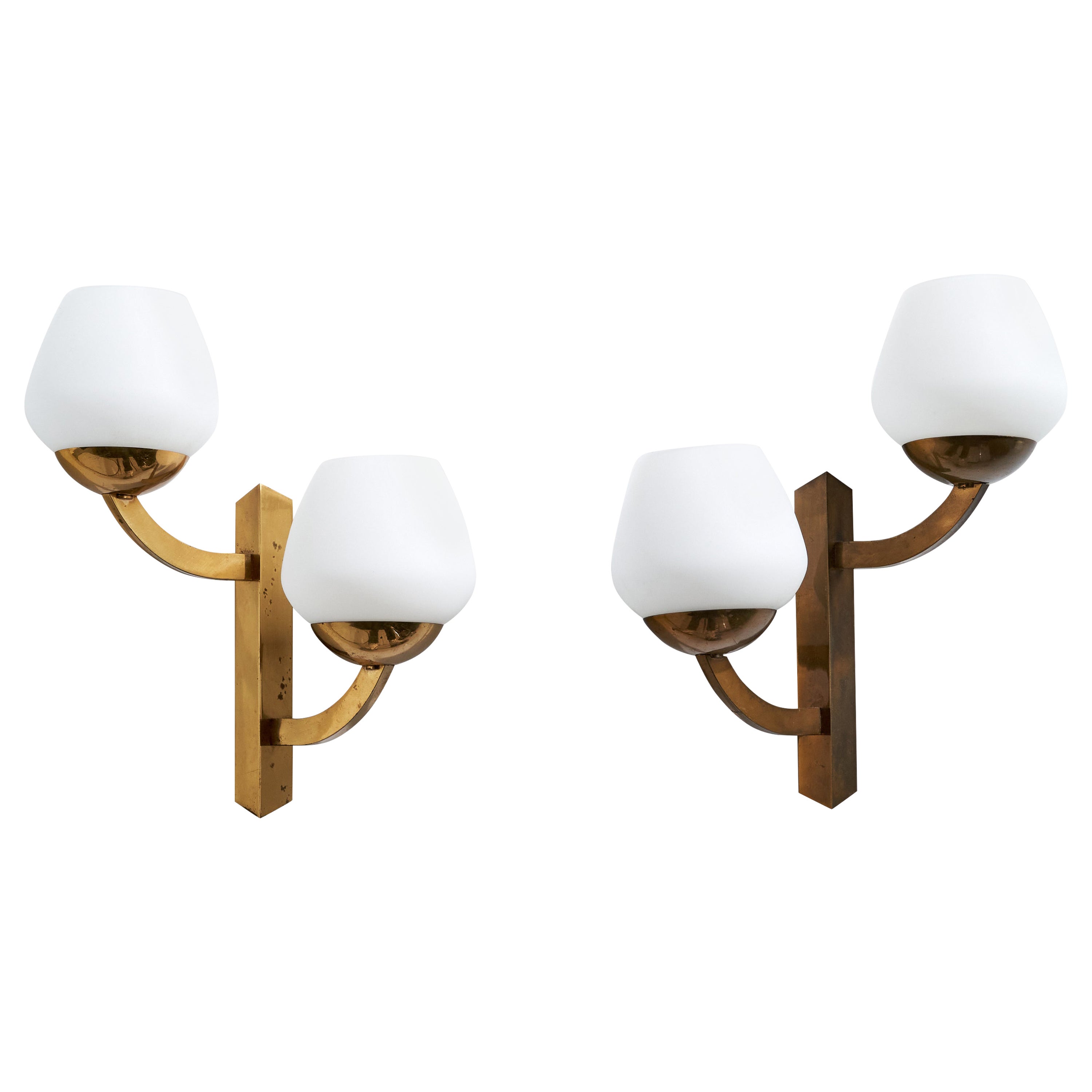 Italian Designer, Wall Lights, Brass, Glass, Italy, 1950s