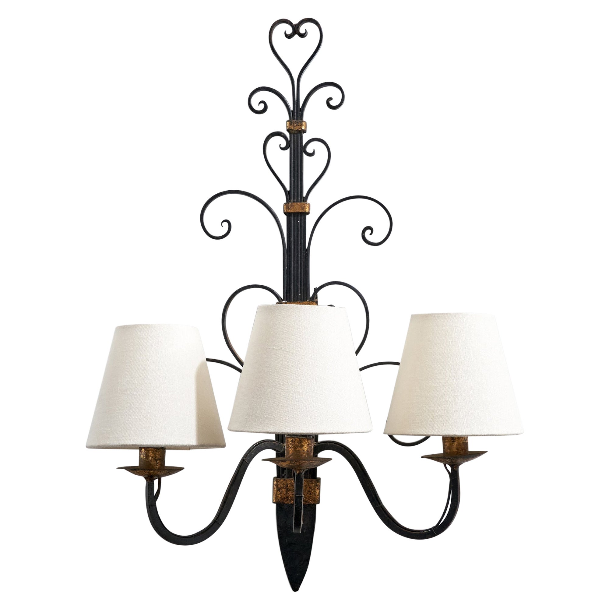 French Designer, Wall Light, Brass, Metal, Fabric, France, 1940s