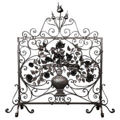 Ornate Wrought Fire Screen with Roses & Tulips