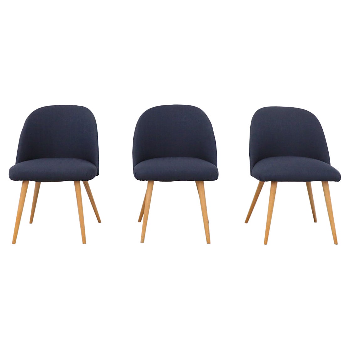Saarinen Style Navy Upholstered Cocktail Chairs with Natural Birch Tapered Legs