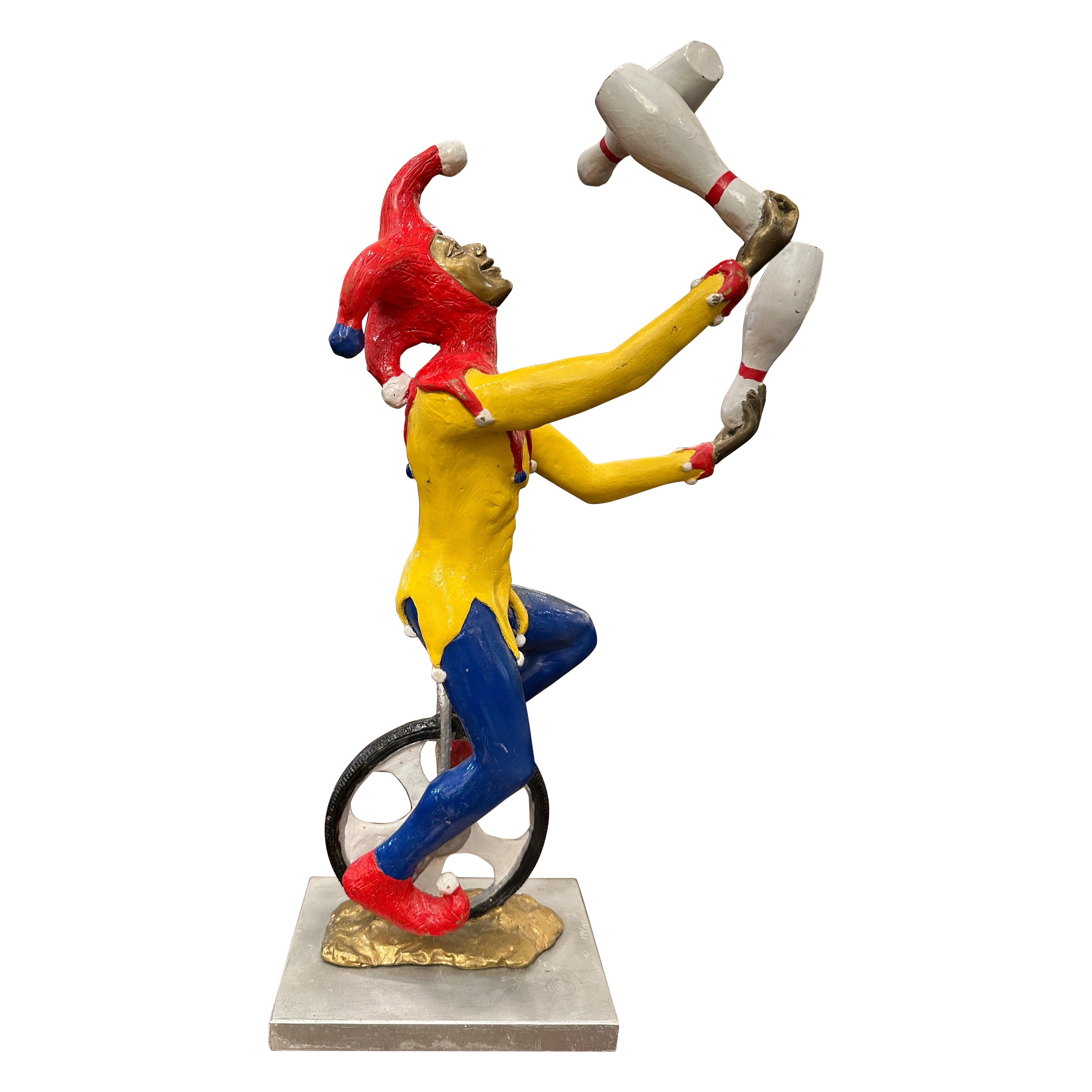 Robert St Croix Polychrome Bronze of a Jester Juggling on a Unicycle For Sale