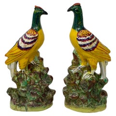 Pair of Antique English Staffordshire Pottery Hand-Painted Rock Birds Circa 1850