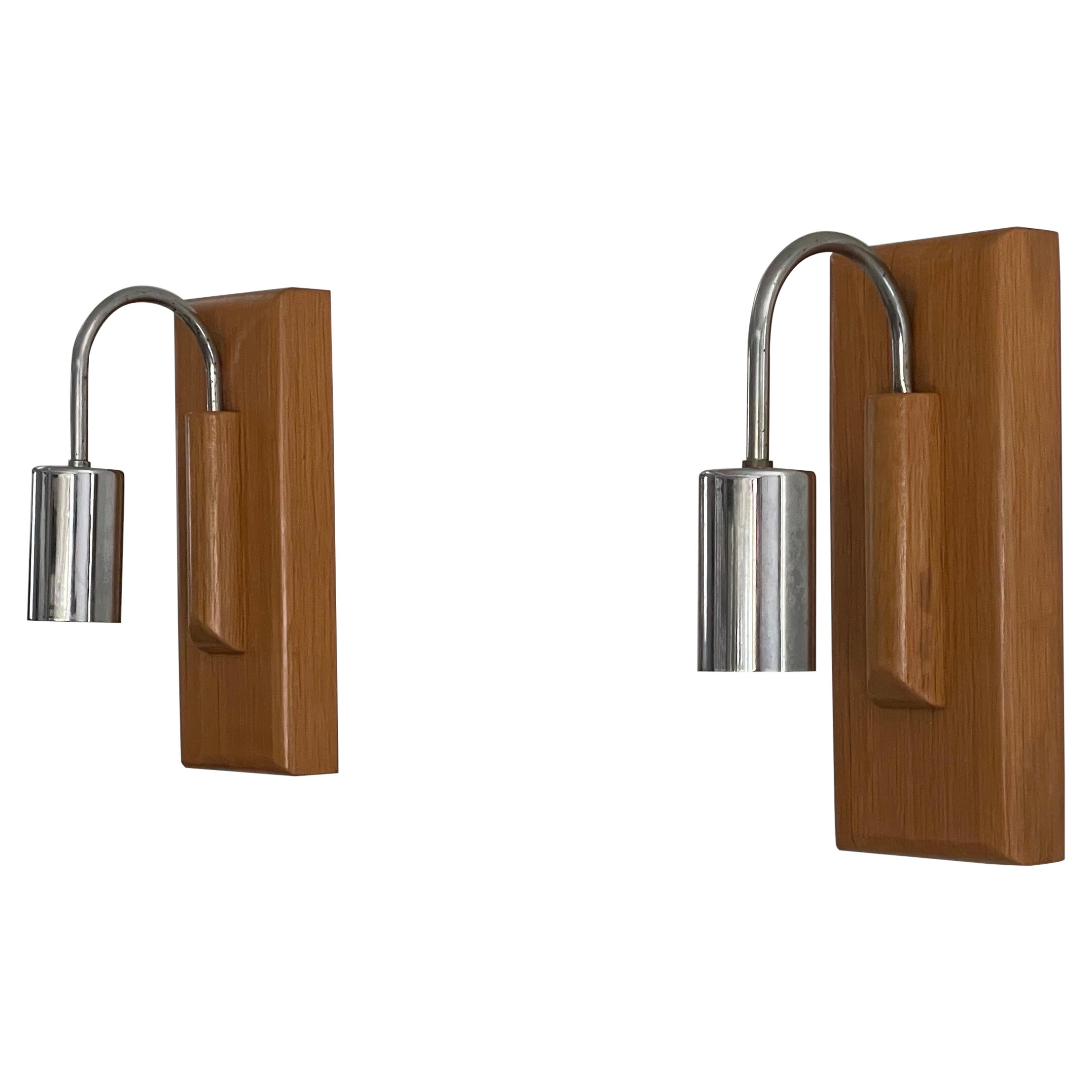 Art Deco Stil Chrom und Holz Paar Wandleuchten, 1960er Jahre, Italien