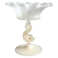 Compotera de Murano Veneciana de Vidrio Artístico Italiano con Manchas de Oro Blanco y Tallo de Pez