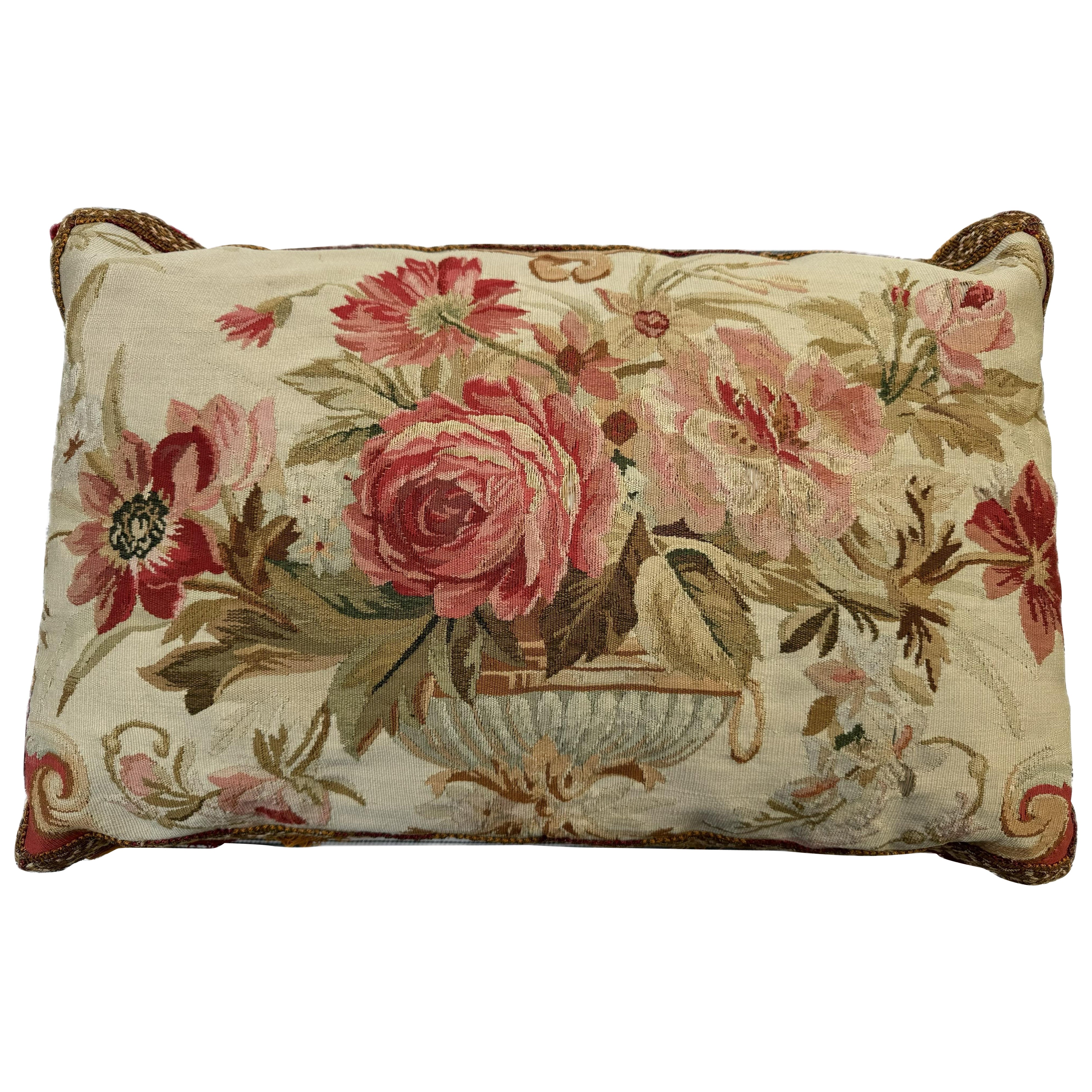 Antique 18th Century French Beauvais Floral Tapestry Lumbar Pillow