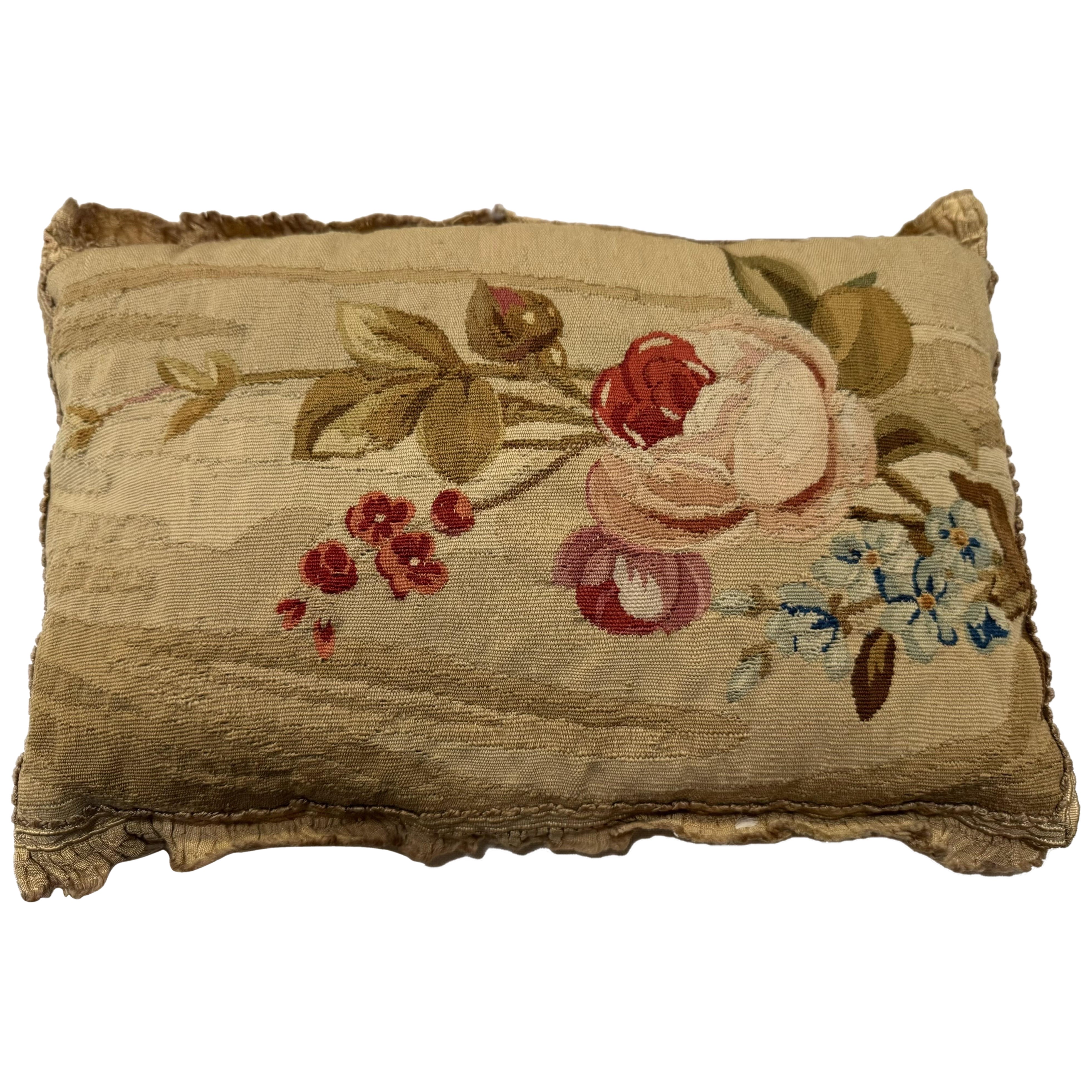 Antique Late 18th Century French Aubusson Floral Tapestry Pillow