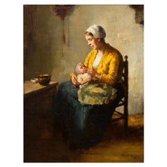 Pintura antigua de Madre y bebé de Bernard De Hoog (Holandés, 1866-1943)