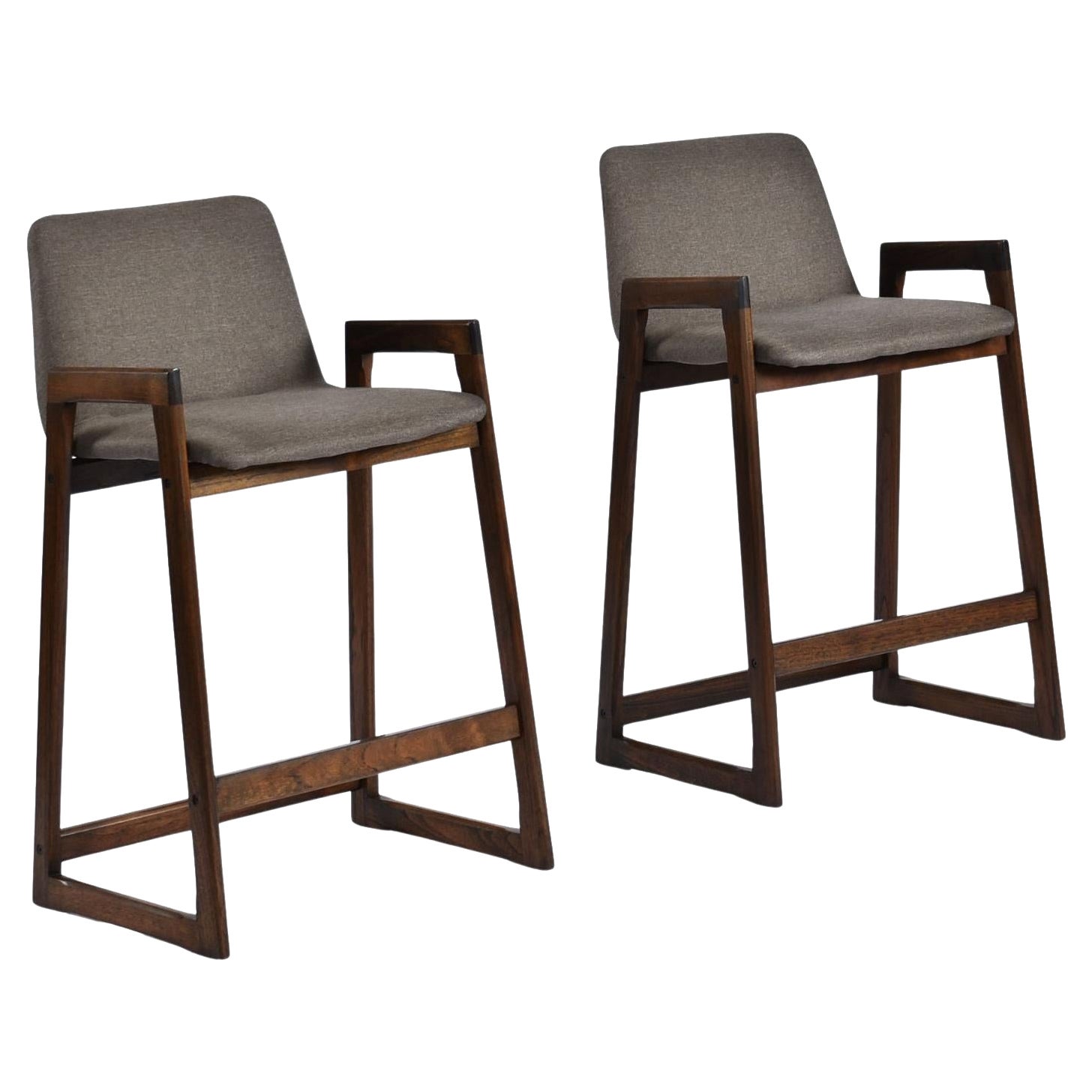 Pair Danish Walnut Colored Teak Upholstered Counter Height Barstools with Backs