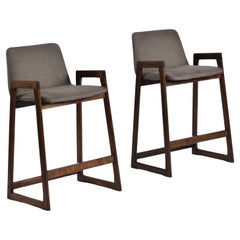 Vintage Pair Danish Walnut Colored Teak Upholstered Counter Height Barstools with Backs