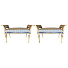 Pair of Elegant Louis XVI Style Parcel Gilt Benches Cream and Blue Lacquer