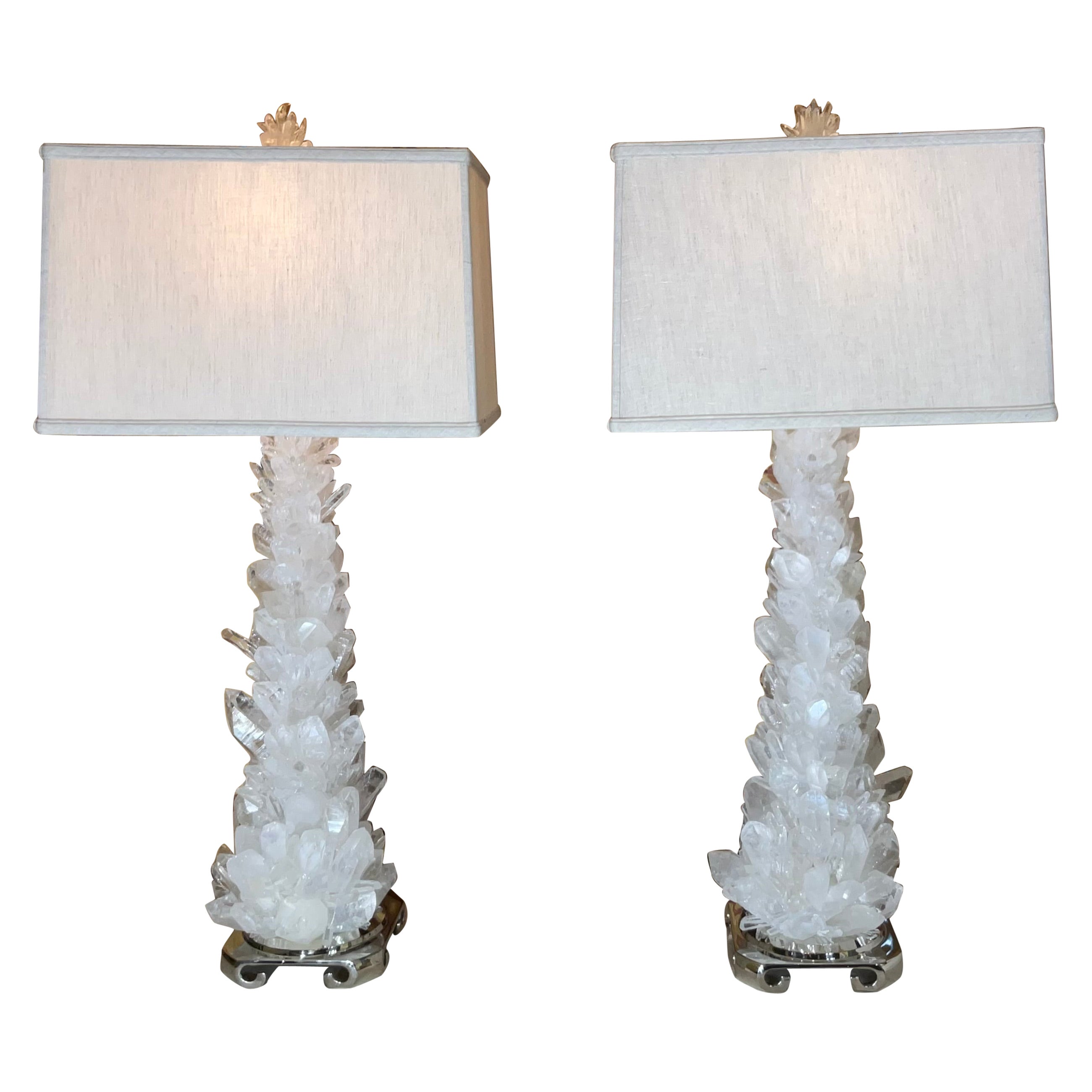 Pair of Exquisite Rock Crystal Quartz Table Lamps By Joseph Malekan