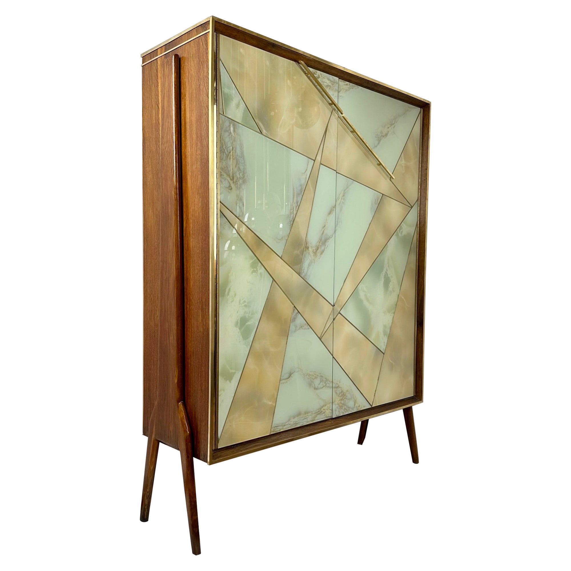 Mid-Century Modern Oak Oak Wood, Messing, Spiegel & Murano Art Glass Dry Bar Cabinet im Angebot