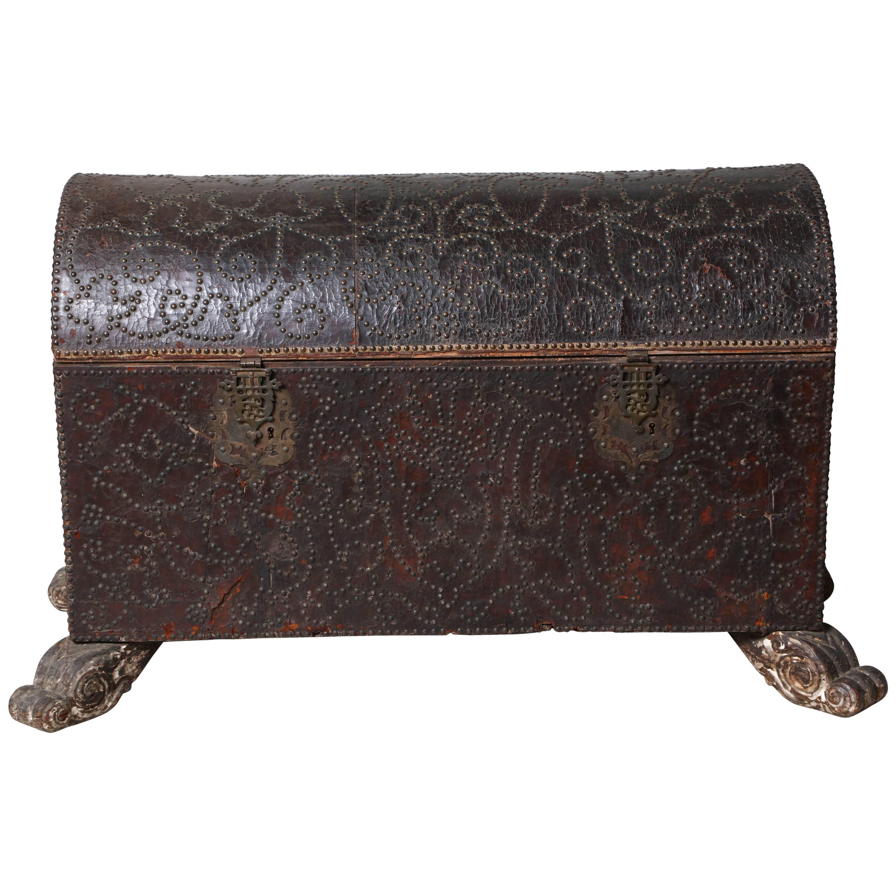 18th Century Spanish Studded Leather Chest For Sale