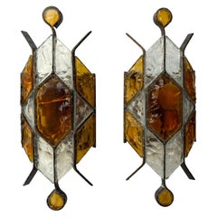 Paar schmiedeeiserne Wandleuchter aus gehämmertem Glas von Longobard, Italien, 1970er Jahre