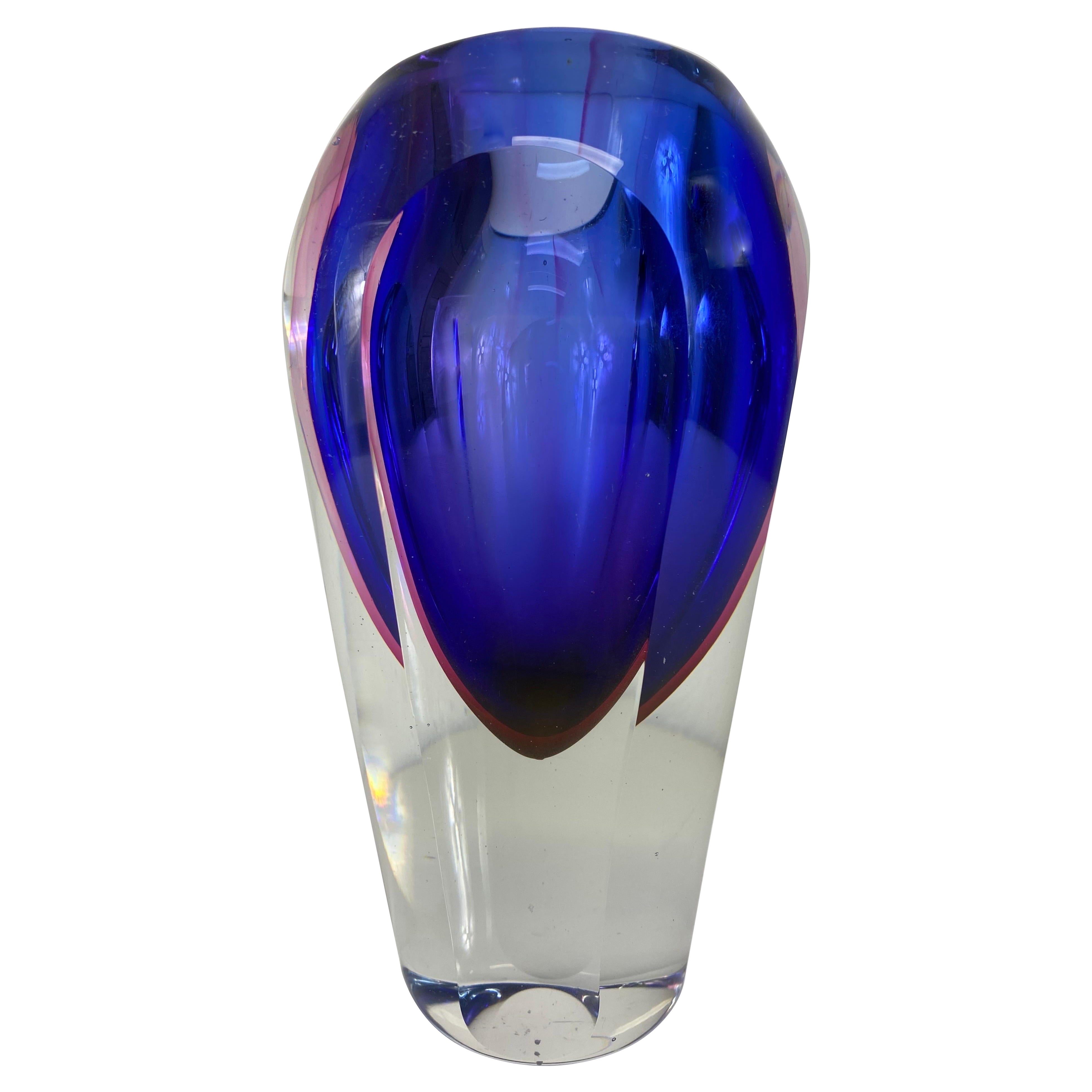 Mid century Flavio Poli  royal blue Murano faceted art glass vase