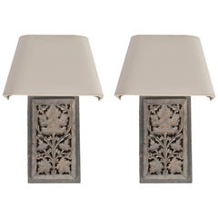 Antique Pair of Light Grey Painted Panel Wall Scones with Shades