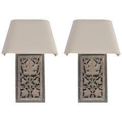 Pair of Light Grey Painted Panel Wall Scones with Shades