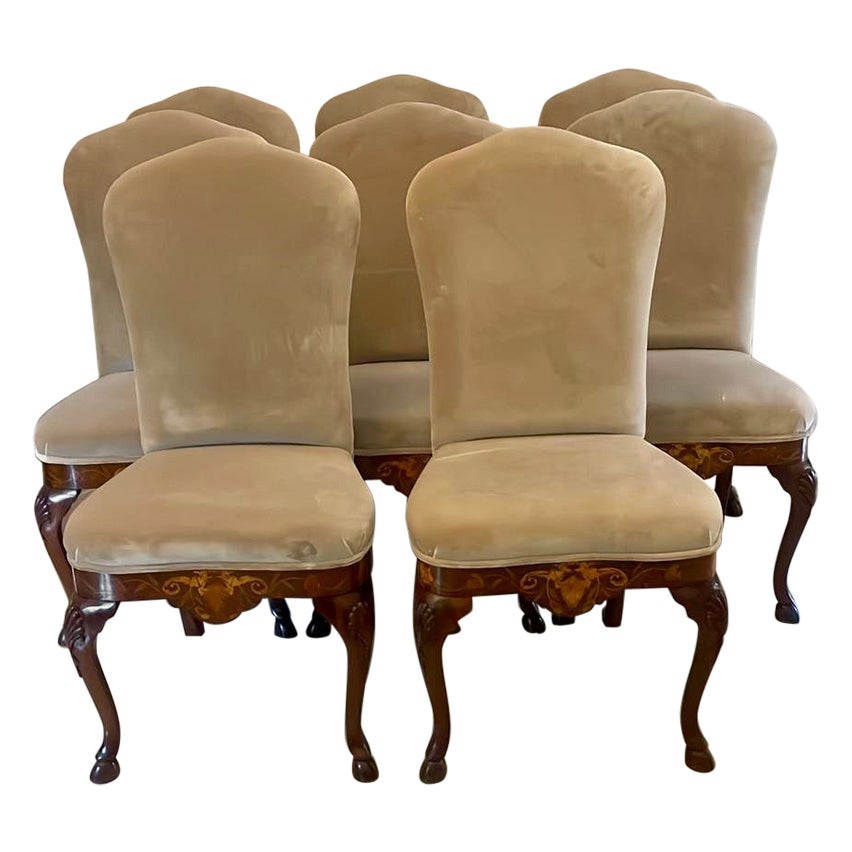 Set of 8 Antique Quality Burr Walnut Inlaid Marquetry Dining Chairs
